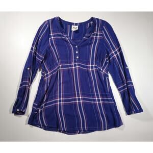 Luxe Essential Denim Women's Top Blue Plaid Roll-up Sleeves Size Small